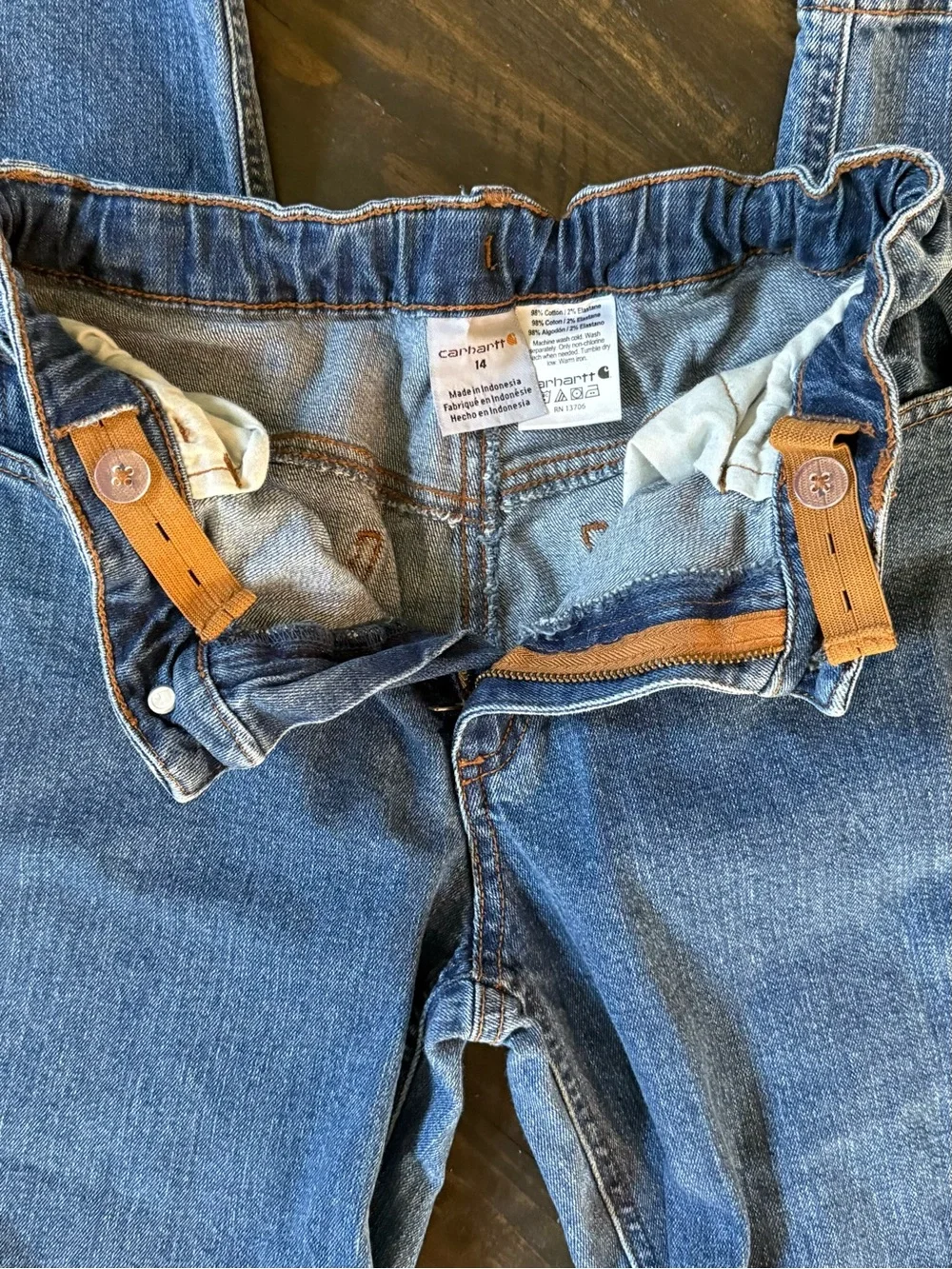 Carhartt Boys Blue Denim Jeans Adjustable Waist Size 14 Straight Leg